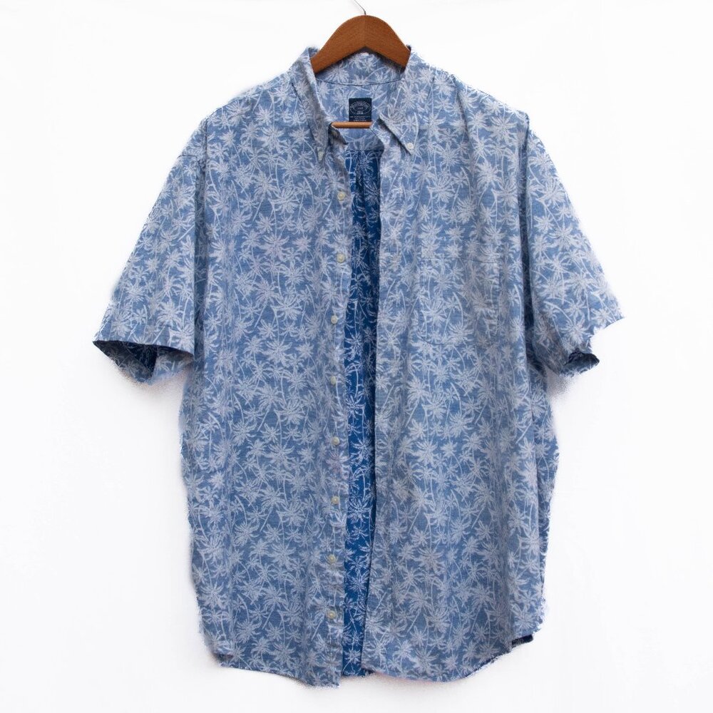 Brooks Brothers Hawaiian‎ Shirt Mens 2XLT Reverse Print Blue Palm Cotton Resort